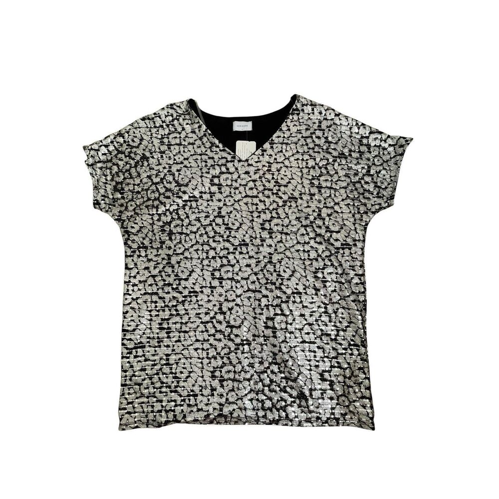 Adrienne Silver Sequin Leopard Animal Print V-Neck Top Blouse Short Sleeve NWT